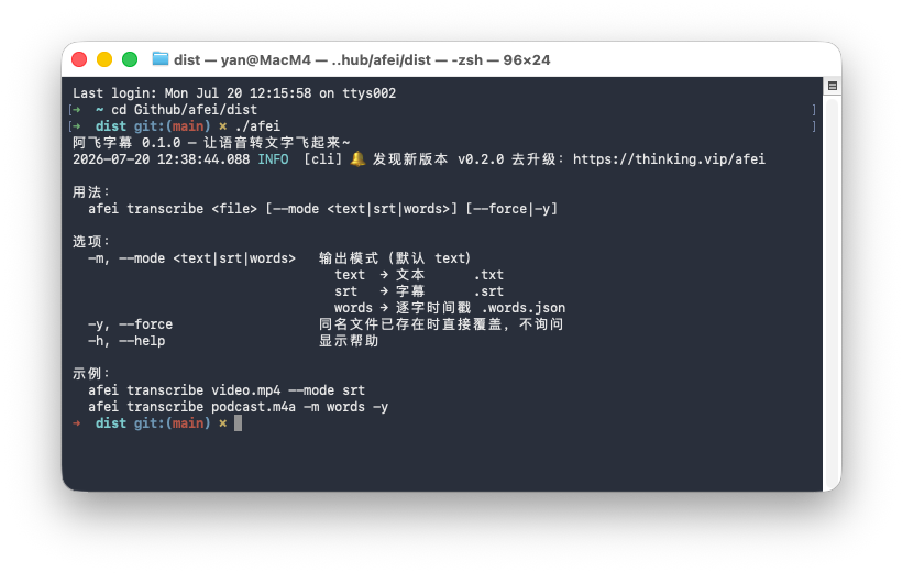 CLI 命令行 — 简洁的 help 输出,支持 text / srt / words 三种模式